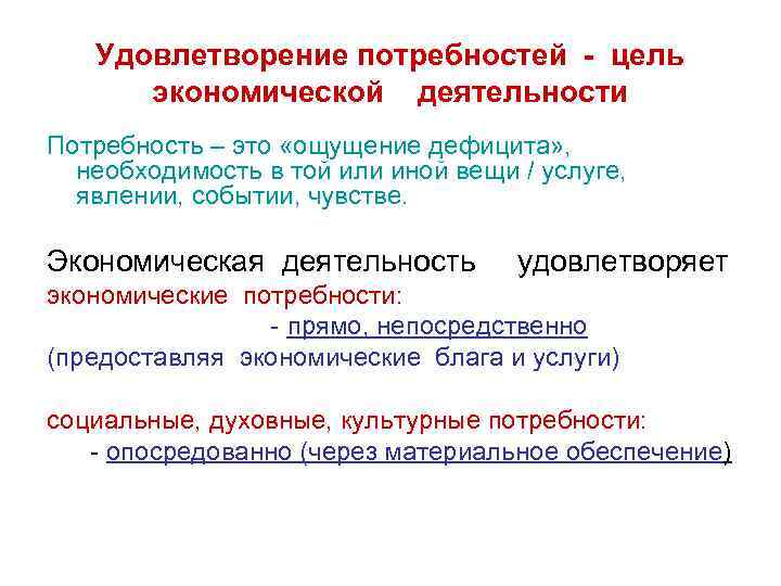 Удовлетворение потребностей - цель экономической деятельности Потребность – это «ощущение дефицита» , необходимость в