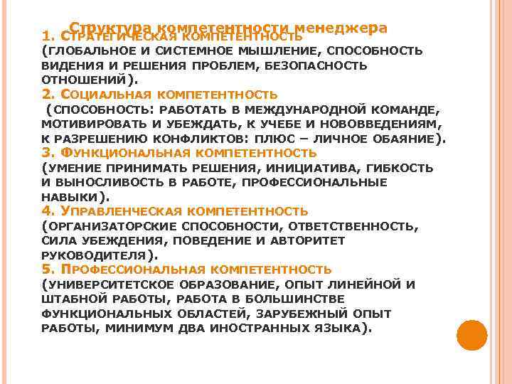 Структура компетентности менеджера 1. СТРАТЕГИЧЕСКАЯ КОМПЕТЕНТНОСТЬ (ГЛОБАЛЬНОЕ И СИСТЕМНОЕ МЫШЛЕНИЕ, СПОСОБНОСТЬ ВИДЕНИЯ И РЕШЕНИЯ