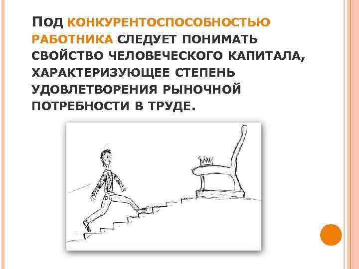 ПОД КОНКУРЕНТОСПОСОБНОСТЬЮ РАБОТНИКА СЛЕДУЕТ ПОНИМАТЬ СВОЙСТВО ЧЕЛОВЕЧЕСКОГО КАПИТАЛА, ХАРАКТЕРИЗУЮЩЕЕ СТЕПЕНЬ УДОВЛЕТВОРЕНИЯ РЫНОЧНОЙ ПОТРЕБНОСТИ В