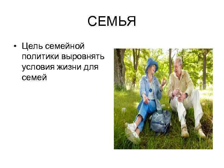 CЕМЬЯ • Цель семейной политики выровнять условия жизни для семей 