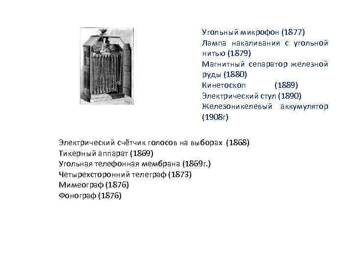 Угольный микрофон (1877) Лампа накаливания с угольной нитью (1879) Магнитный сепаратор железной руды (1880)