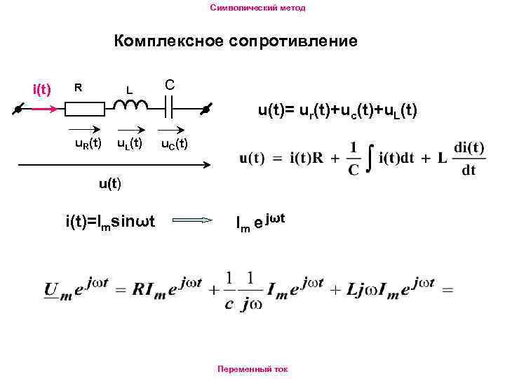 Символический метод Комплексное сопротивление i(t) R L С u(t)= ur(t)+uc(t)+u. L(t) u. R(t) u.