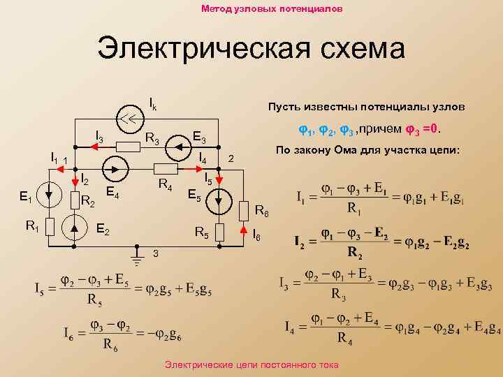 Метод узловых потенциалов Электрическая схема Ik I 3 I 1 1 R 2 R