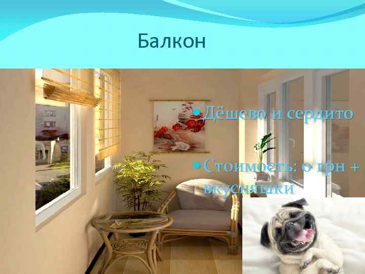 Балкон Дёшево и сердито Стоимость: 0 грн + вкусняшки 