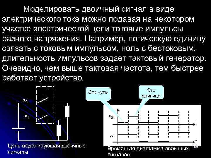 Моделировать двоичный сигнал в виде электрического тока можно подавая на некотором участке электрической цепи