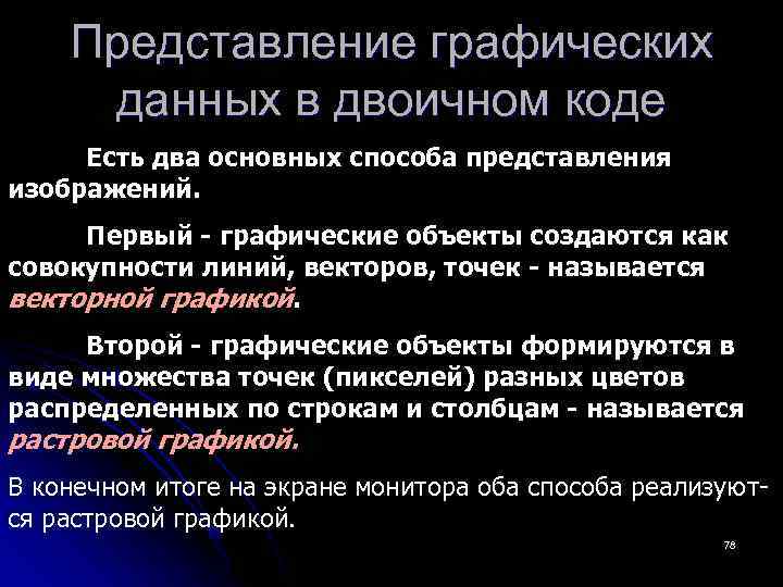Представление графических данных в двоичном коде Есть два основных способа представления изображений. Первый -