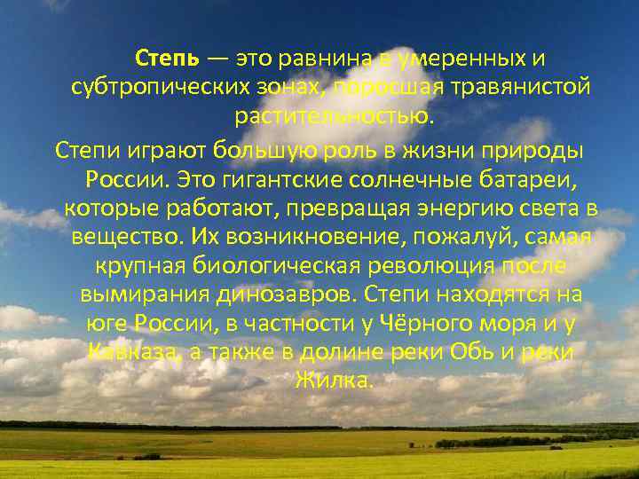 Степь — это равнина в умеренных и субтропических зонах, поросшая травянистой растительностью. Степи играют