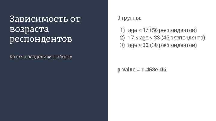 Зависимость от возраста респондентов 3 группы: 1) age < 17 (56 респондентов) 2) 17