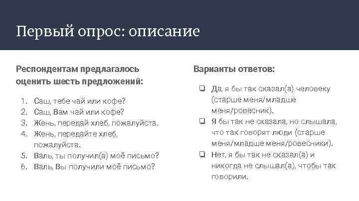 Первый опрос: описание Респондентам предлагалось оценить шесть предложений: 1. 2. 3. 4. Саш, тебе