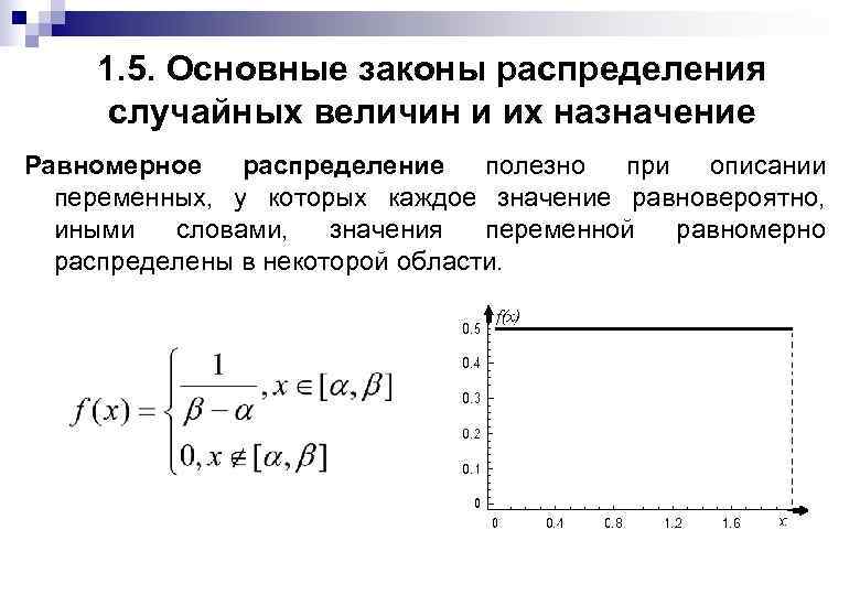 1. 5. Основные законы распределения случайных величин и их назначение Равномерное распределение полезно при