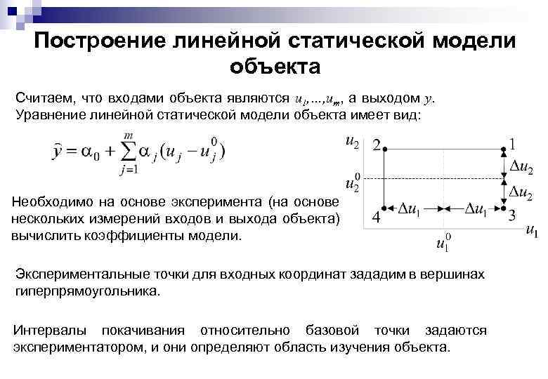 Построение линейной статической модели объекта Считаем, что входами объекта являются u 1, …, um,