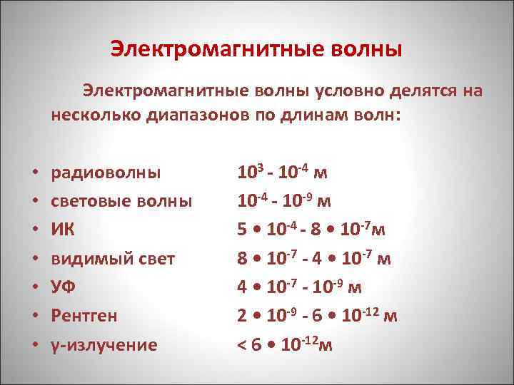 Электромагнитные волны условно делятся на несколько диапазонов по длинам волн: • • радиоволны световые