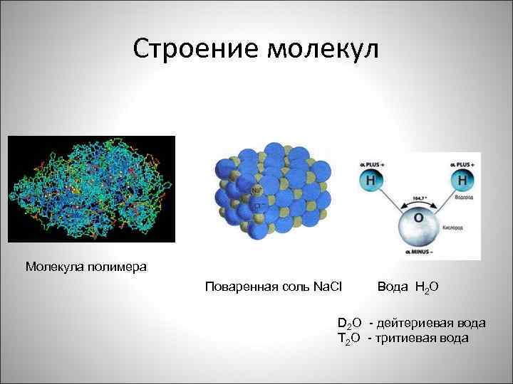 Строение молекул Молекула полимера Поваренная соль Na. Cl Вода Н 2 О D 2