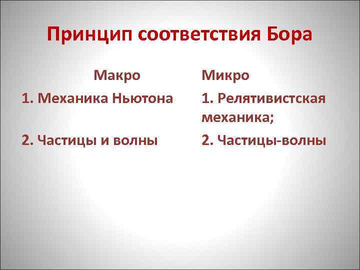 Принцип соответствия Бора Макро 1. Механика Ньютона 2. Частицы и волны Микро 1. Релятивистская