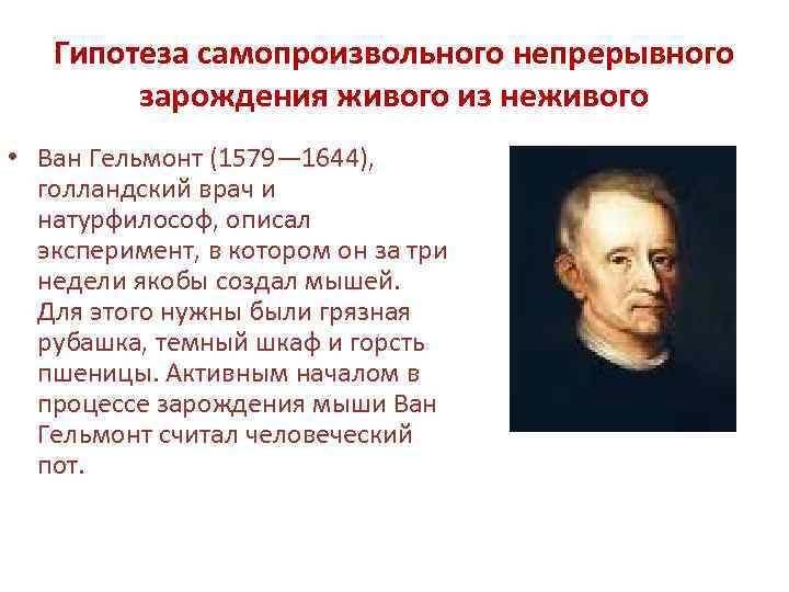 Гипотеза самопроизвольного непрерывного зарождения живого из неживого • Ван Гельмонт (1579— 1644), голландский врач