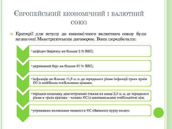 ЄВРОПЕЙСЬКИЙ ЕКОНОМІЧНИЙ І ВАЛЮТНИЙ СОЮЗ Критерії для вступу до економічного валютного союзу були визначені