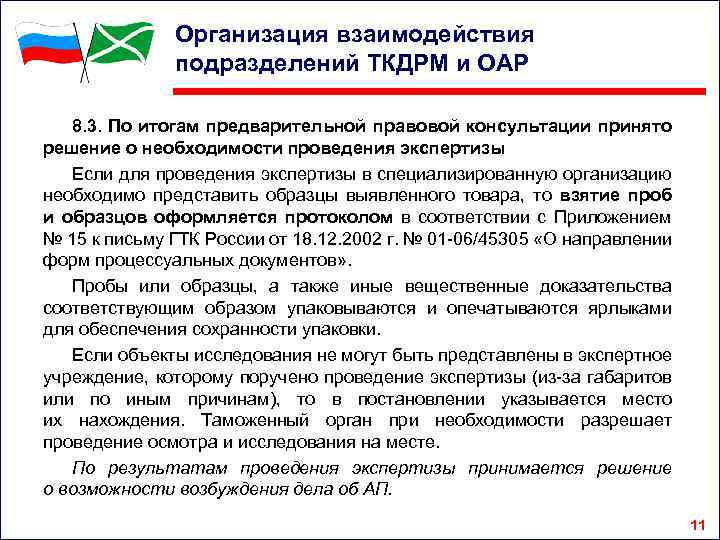 Организация взаимодействия подразделений ТКДРМ и ОАР 8. 3. По итогам предварительной правовой консультации принято