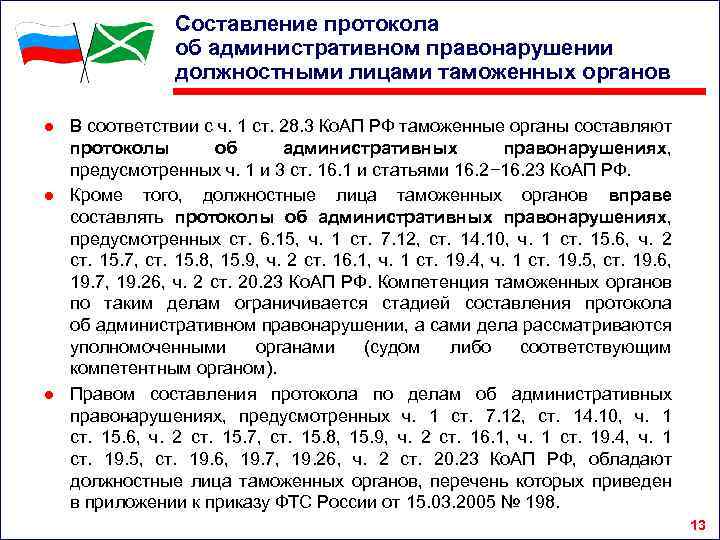 Составление протокола об административном правонарушении должностными лицами таможенных органов ● В соответствии с ч.