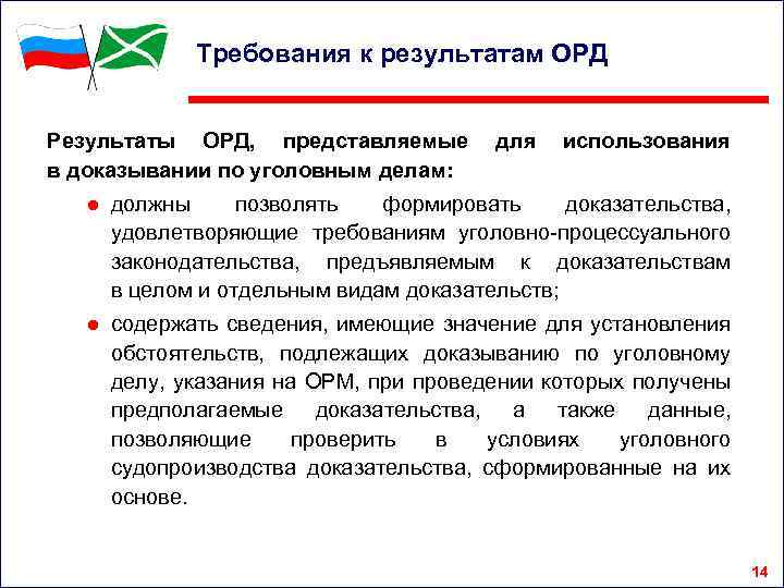 Требования к результатам ОРД Результаты ОРД, представляемые в доказывании по уголовным делам: для использования