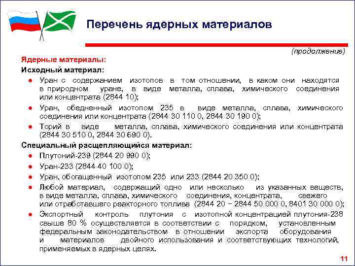 Перечень ядерных материалов (продолжение) Ядерные материалы: Исходный материал: ● Уран с содержанием изотопов в