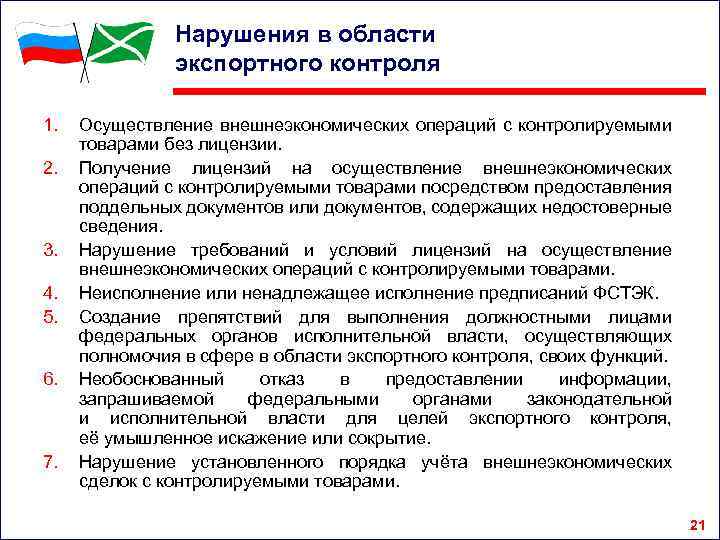 Нарушения в области экспортного контроля 1. 2. 3. 4. 5. 6. 7. Осуществление внешнеэкономических