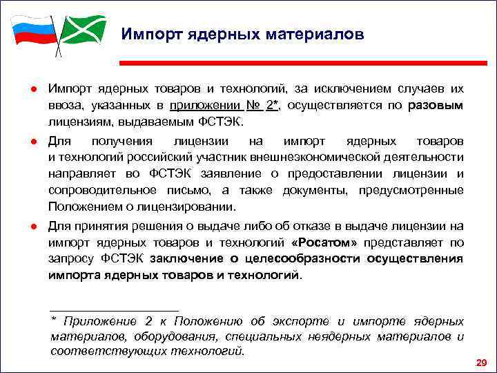 Импорт ядерных материалов ● Импорт ядерных товаров и технологий, за исключением случаев их ввоза,