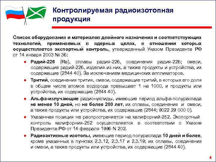 Контролируемая радиоизотопная продукция Список оборудования и материалов двойного назначения и соответствующих технологий, применяемых в