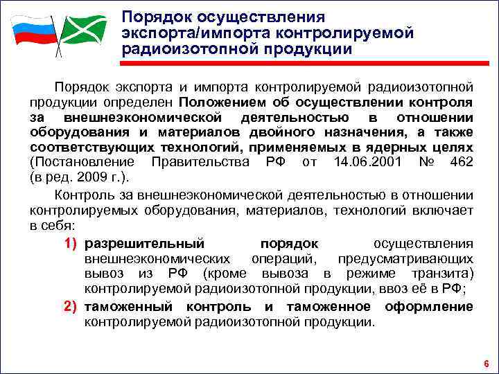 Порядок осуществления экспорта/импорта контролируемой радиоизотопной продукции Порядок экспорта и импорта контролируемой радиоизотопной продукции определен