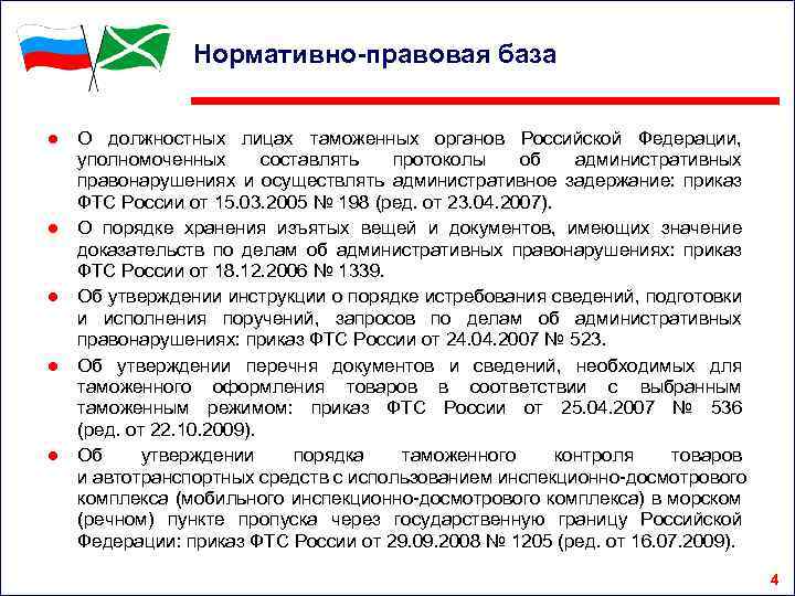 Нормативно-правовая база ● О должностных лицах таможенных органов Российской Федерации, уполномоченных составлять протоколы об