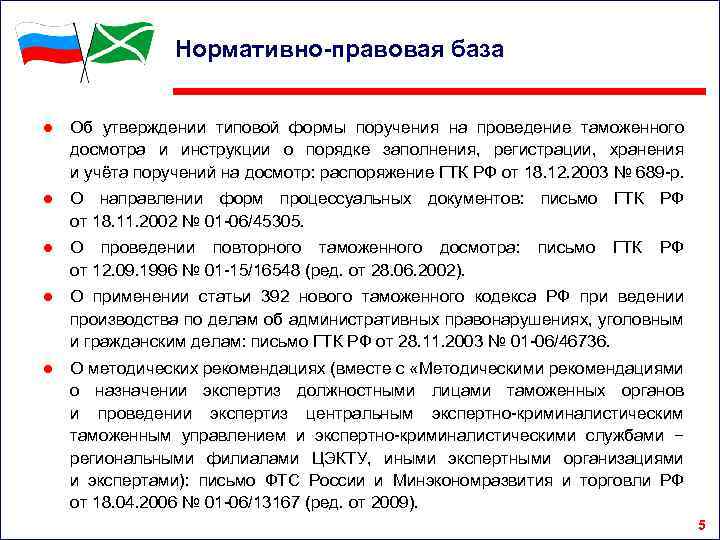 Нормативно-правовая база ● Об утверждении типовой формы поручения на проведение таможенного досмотра и инструкции