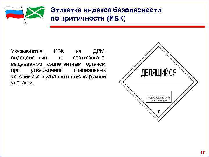 Этикетка индекса безопасности по критичности (ИБК) Указывается ИБК на ДРМ, определенный в сертификате, выдаваемом