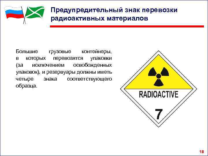 Предупредительный знак перевозки радиоактивных материалов Большие грузовые контейнеры, в которых перевозятся упаковки (за исключением