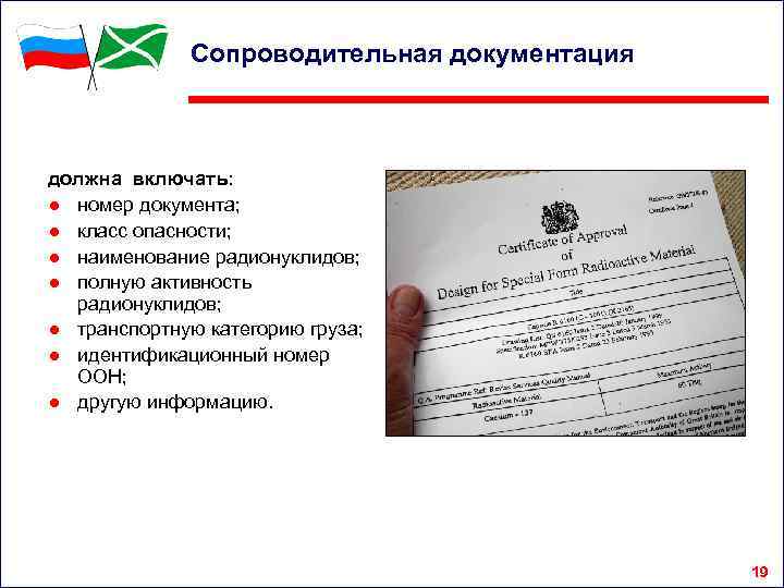 Сопроводительная документация должна включать: ● номер документа; ● класс опасности; ● наименование радионуклидов; ●