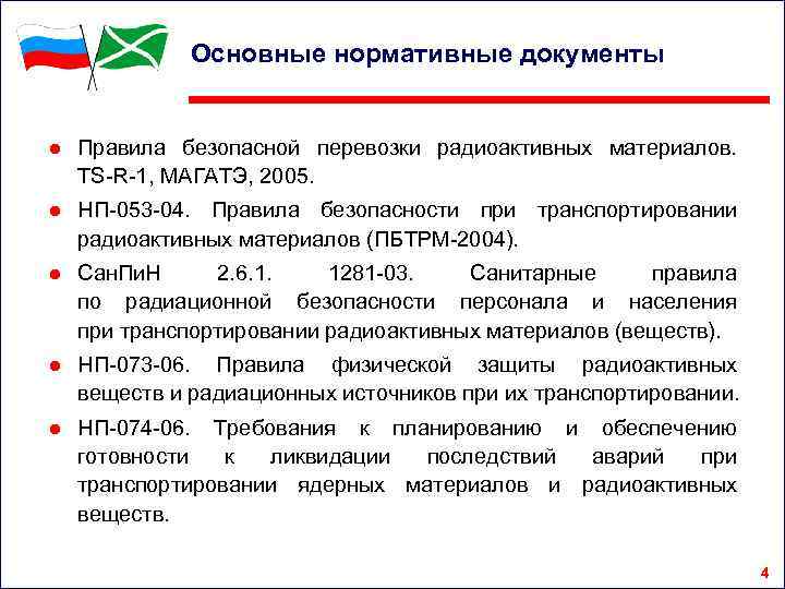 Основные нормативные документы ● Правила безопасной перевозки радиоактивных материалов. TS-R-1, МАГАТЭ, 2005. ● НП-053