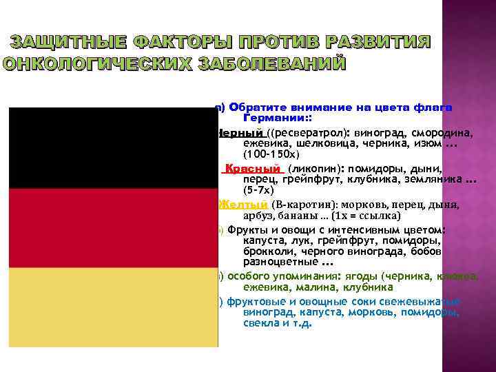 ЗАЩИТНЫЕ ФАКТОРЫ ПРОТИВ РАЗВИТИЯ ОНКОЛОГИЧЕСКИХ ЗАБОЛЕВАНИЙ a) Обратите внимание на цвета флага Германии: :