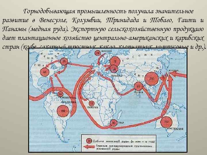 Горнодобывающая промышленность получила значительное развитие в Венесуэле, Колумбии, Тринидада и Тобаго, Гаити и Панамы