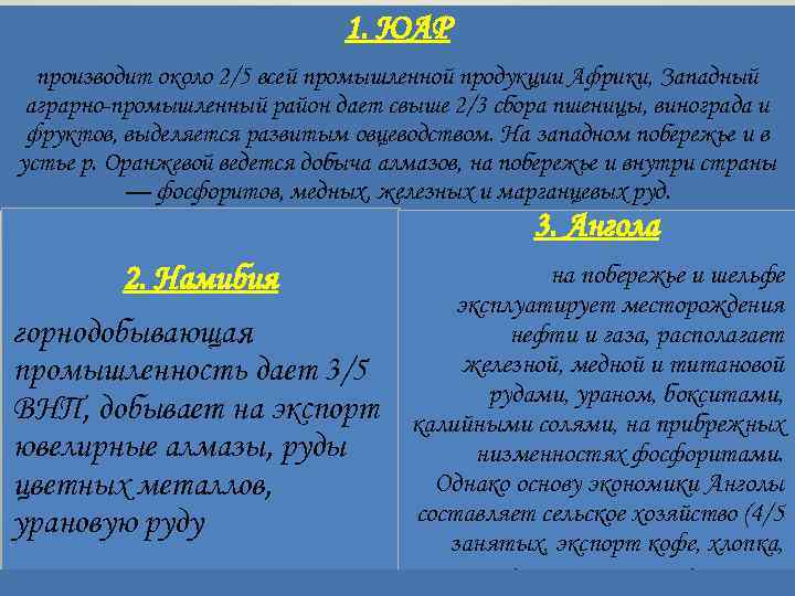 1. ЮАР производит около 2/5 всей промышленной продукции Африки, Западный аграрно-промышленный район дает свыше