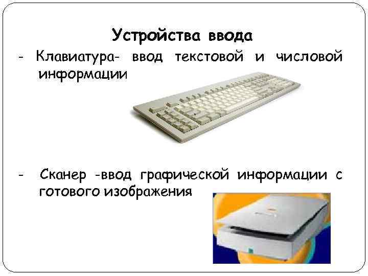 Устройства ввода - Клавиатура- ввод текстовой и числовой информации - Сканер -ввод графической информации