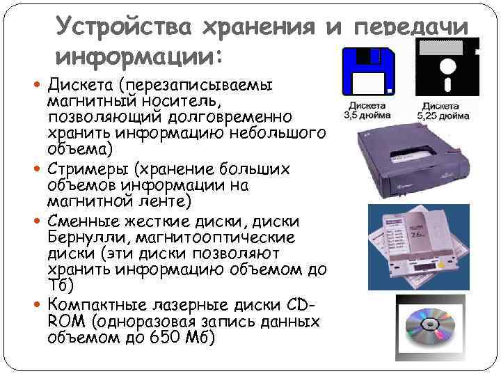 Устройства хранения и передачи информации: Дискета (перезаписываемы магнитный носитель, позволяющий долговременно хранить информацию небольшого