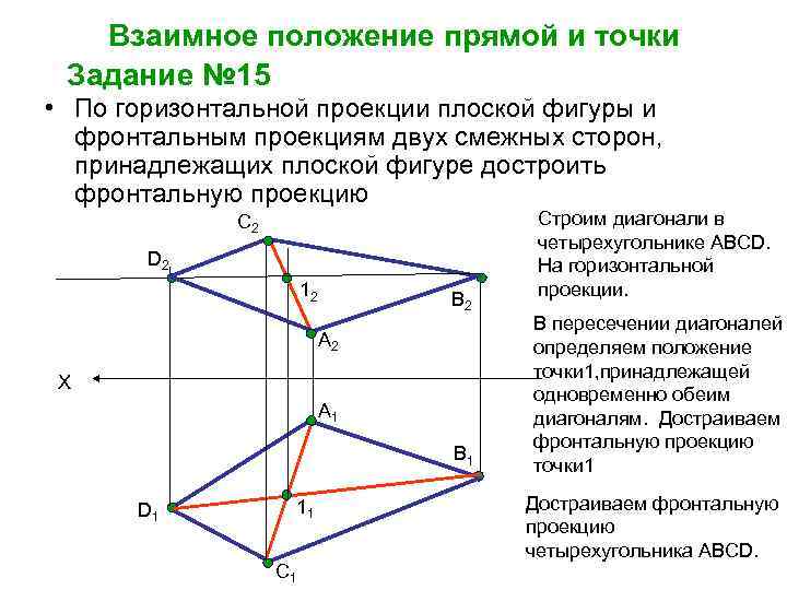 Сторона принадлежит плоскости. Взаимное положение точки и прямой. Достроить фронтальную проекцию четырехугольника. Достроить фронтальную проекцию плоского пятиугольника. Проекции точек и прямых, принадлежащих плоскости.