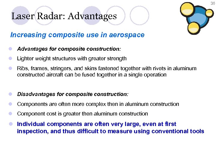 36 Laser Radar: Advantages Increasing composite use in aerospace l Advantages for composite construction: