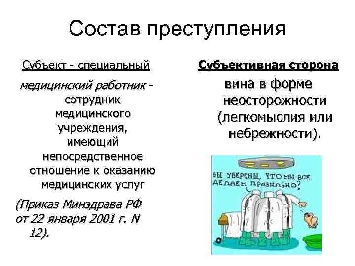 Состав преступления Субъект - специальный медицинский работник - сотрудник медицинского учреждения, имеющий непосредственное отношение