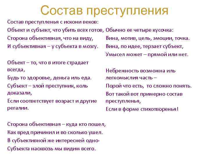 Состав преступления Состав преступленья с искони веков: Объект и субъект, что убить всех готов,