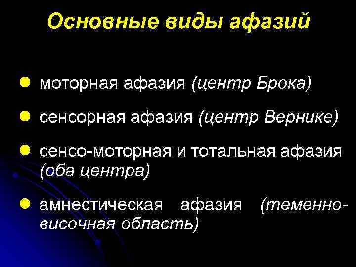 Основные виды афазий l моторная афазия (центр Брока) l сенсорная афазия (центр Вернике) l