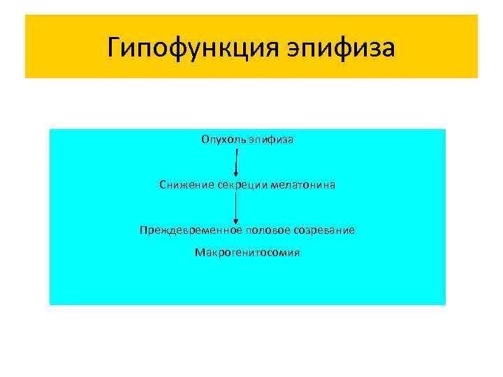 Гипофункция эпифиза Опухоль эпифиза Снижение секреции мелатонина Преждевременное половое созревание Макрогенитосомия 