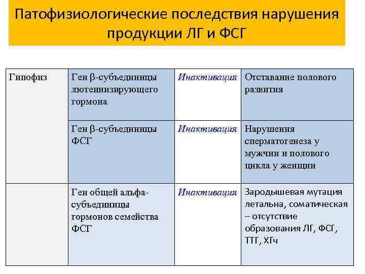 Патофизиологические последствия нарушения продукции ЛГ и ФСГ Гипофиз Ген -субъединицы лютеинизирующего гормона Инактивация Отставание