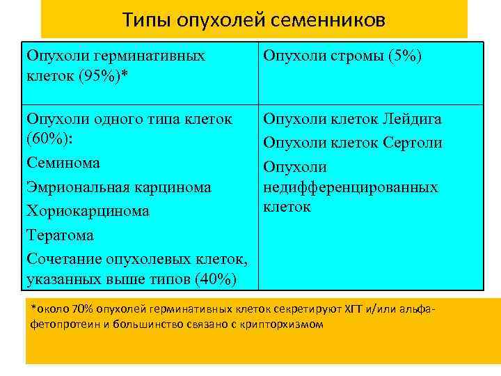Типы опухолей семенников Опухоли герминативных клеток (95%)* Опухоли стромы (5%) Опухоли одного типа клеток