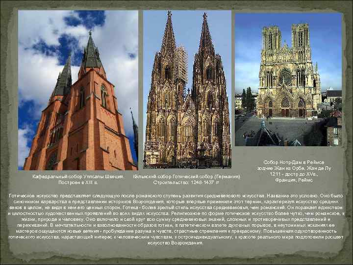 Кафедральный собор Уппсалы Швеция. Построен в XIII в. Кёльнский собор Готический собор (Германия) Строительство: