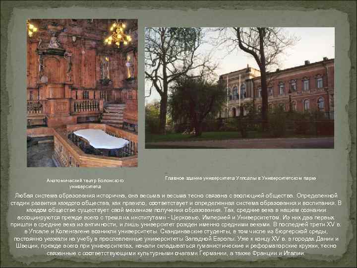  Анатомический театр Болонского университета Главное здание университета Уппсалы в Университетском парке Любая система