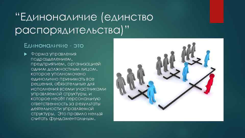“Единоналичие (единство распорядительства)” Единоналичие - это Форма управления подразделением, предприятием, организацией одним должностным лицом,
